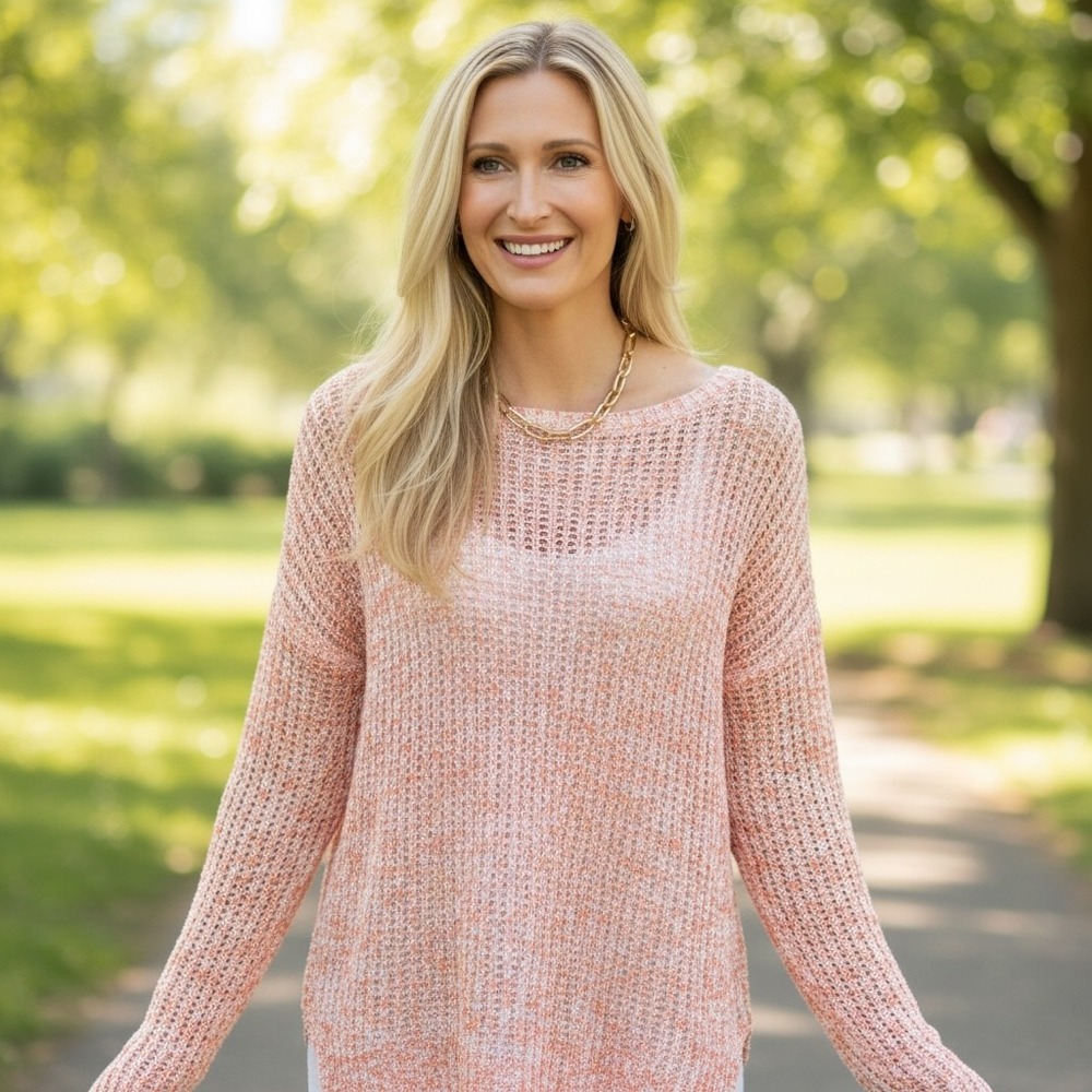 Talbots Petite Orange White Open Knit Cotton‎ Sweater LP Large Petite Pullover